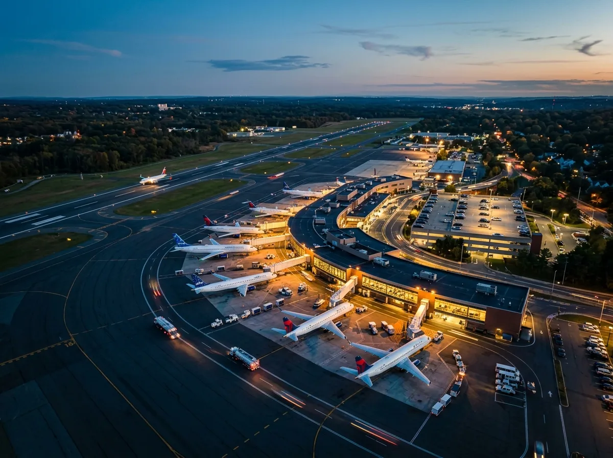 Aerial view of Westchester County Airport HPN terminal at dusk, warm terminal lights, aircraft on tarmac, cinematic mood