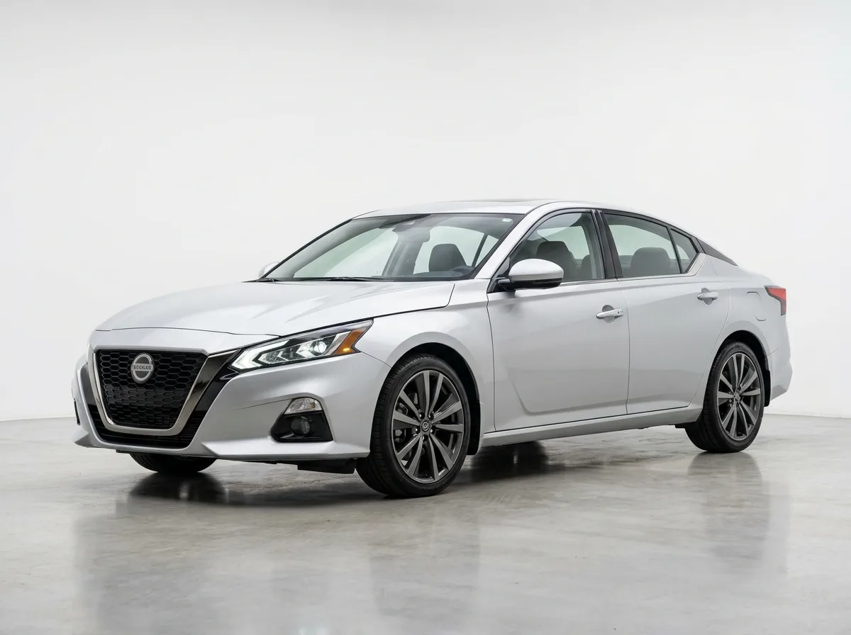 Full-size sedan Nissan Altima in silver, clean white studio background, front three-quarter view, professional automotive shoot
