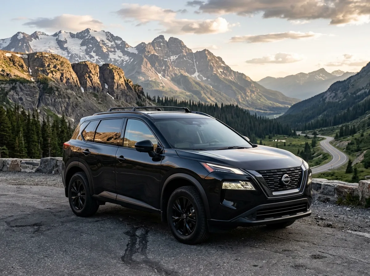 Nissan Rogue SUV in black, professional three-quarter front view, outdoor mountain background, rugged yet refined