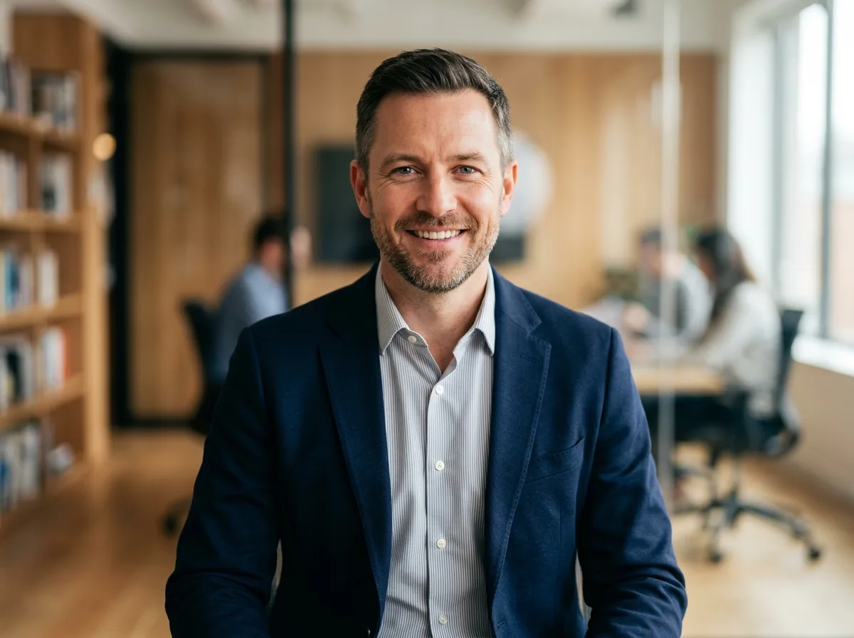 Professional headshot of a man in his 40s named Kevin R, confident expression, business shirt, neutral office background