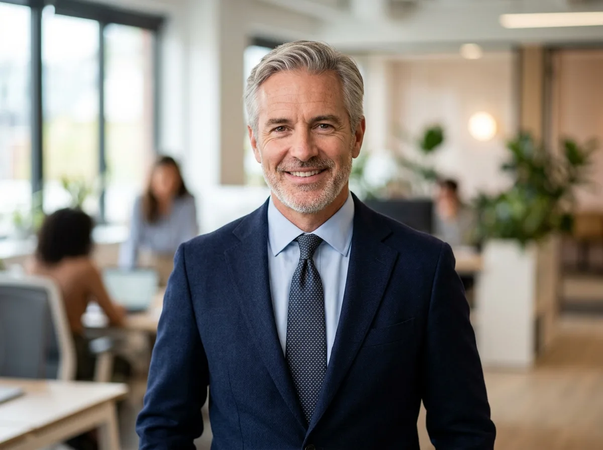 Professional headshot of a man in his 50s named Robert G, grey hair, professional look, confident smile, office background